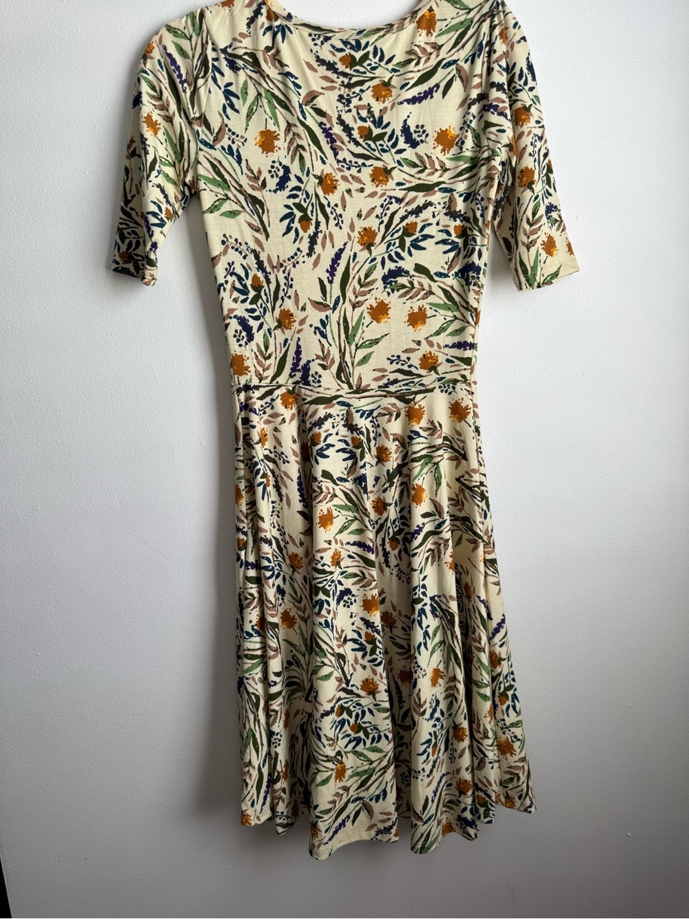 LuLaRoe Cream Floral Midi Dress with Mustard, Green & Navy